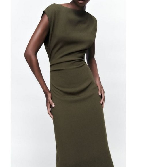 Zara Dresses Zara Olive Green Textured Draped Midi Dress Nwt M